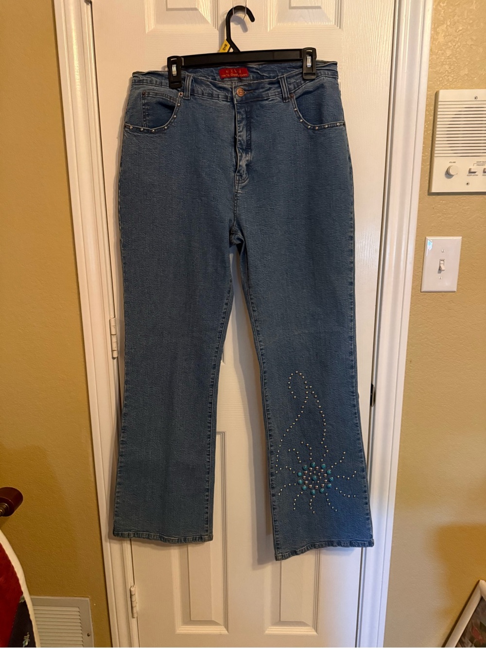 NYDJ Blue Denim Flare Jeans with Stud and Turquoise Bead Accent